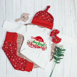 Personalized Christmas Neutral Infant Onesies and Long Pants Set | White Long Sleeve Bodysuit My First Christmas Santa Hat Baby Name