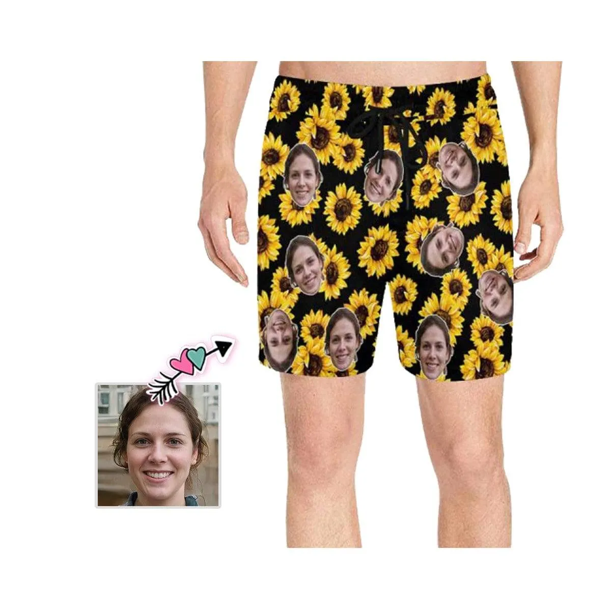 Personalized Girlfriend's Face Swim Shorts Custom Sunflowers Men's Quick Dry Swim Shorts for Him