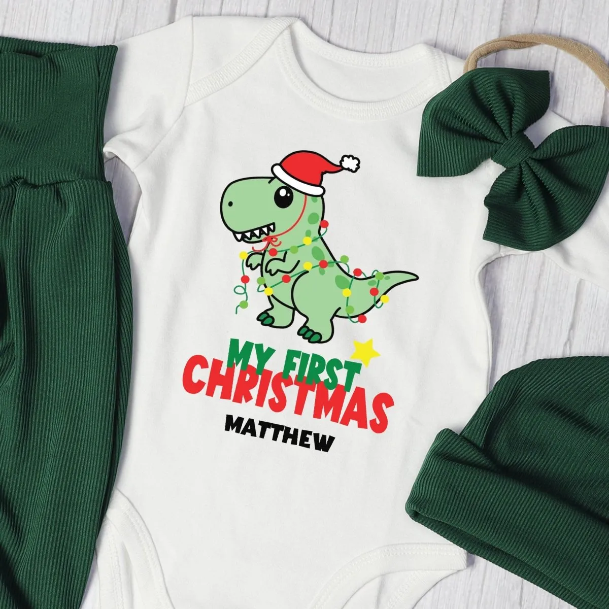 Personalized My First Christmas Baby Boy Onesie and Long Pants Set | Cute Dinosaur Christmas Bodysuit | Newborn Xmas Outfit