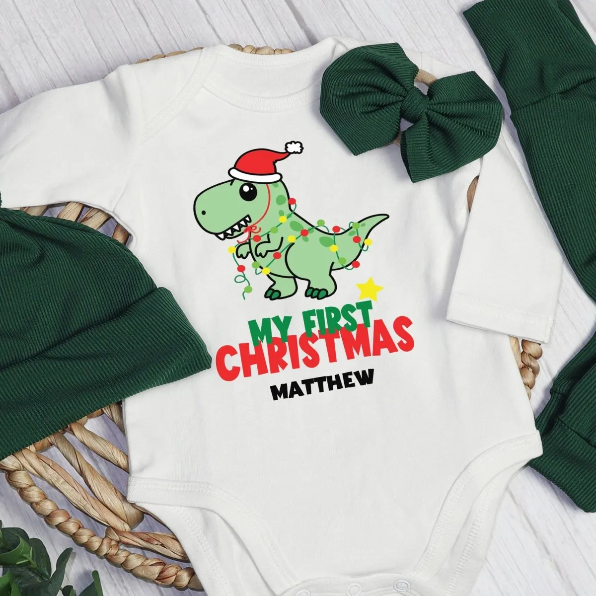 Personalized My First Christmas Baby Boy Onesie and Long Pants Set | Cute Dinosaur Christmas Bodysuit | Newborn Xmas Outfit