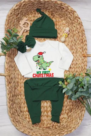 Personalized My First Christmas Baby Boy Onesie and Long Pants Set | Cute Dinosaur Christmas Bodysuit | Newborn Xmas Outfit