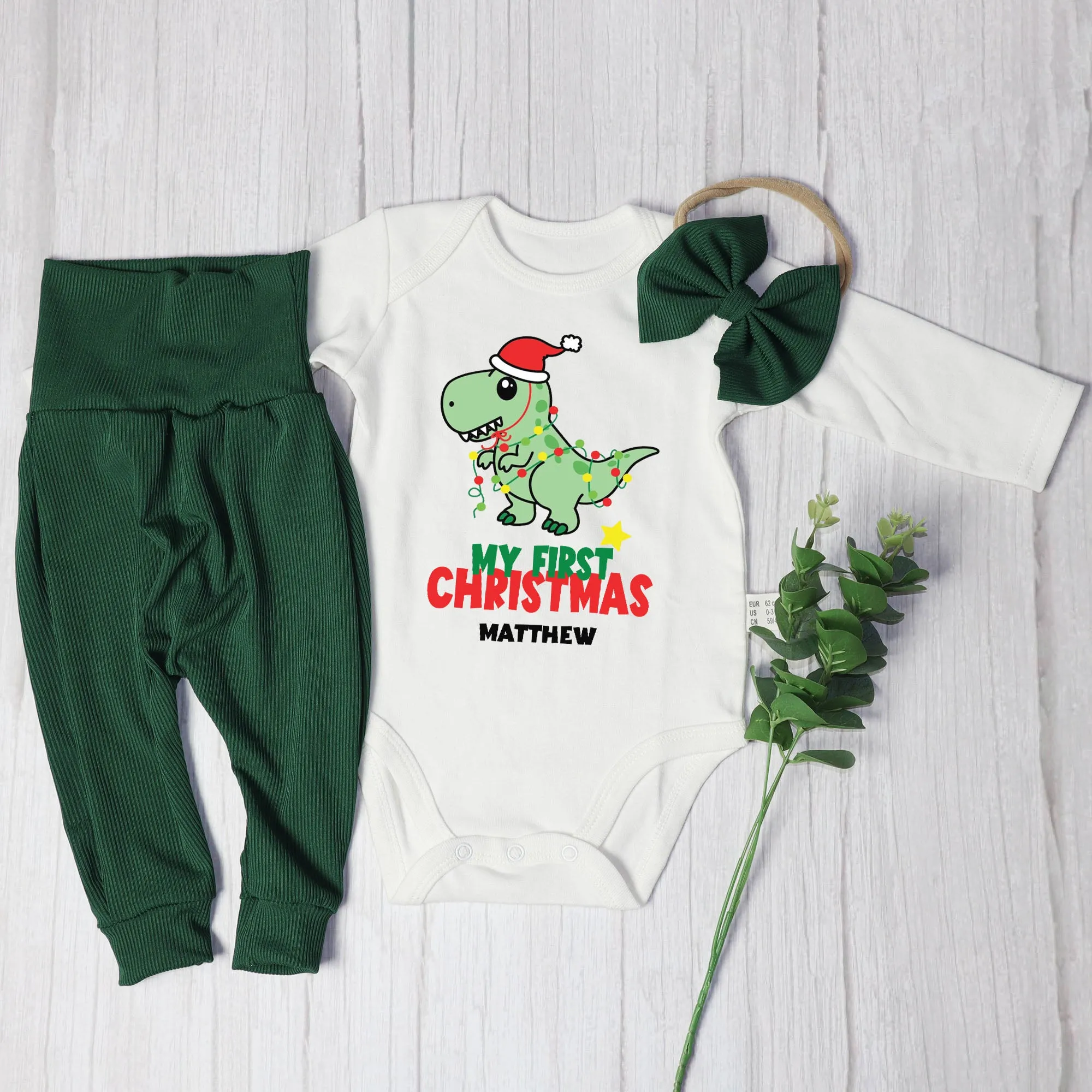 Personalized My First Christmas Baby Boy Onesie and Long Pants Set | Cute Dinosaur Christmas Bodysuit | Newborn Xmas Outfit