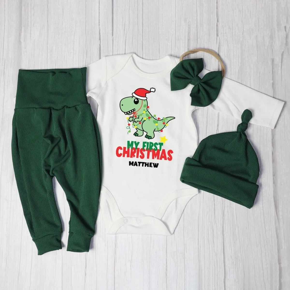 Personalized My First Christmas Baby Boy Onesie and Long Pants Set | Cute Dinosaur Christmas Bodysuit | Newborn Xmas Outfit