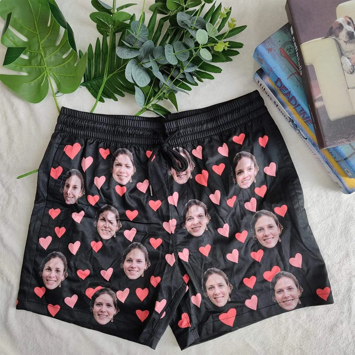 Personalized Swim Trunks Custom Face Colorful Heart Men's Quick Dry Swim Shorts with Girlfriend's Face for Valentine's Day