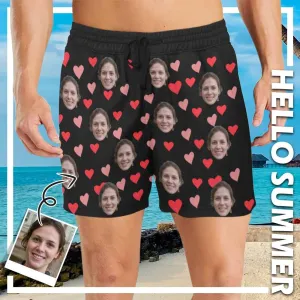 Personalized Swim Trunks Custom Face Colorful Heart Men's Quick Dry Swim Shorts with Girlfriend's Face for Valentine's Day