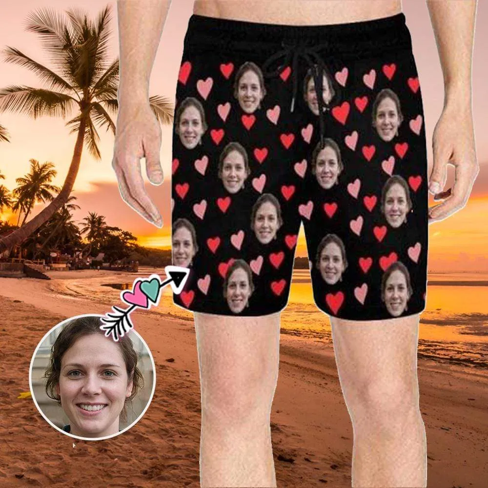 Personalized Swim Trunks Custom Face Colorful Heart Men's Quick Dry Swim Shorts with Girlfriend's Face for Valentine's Day