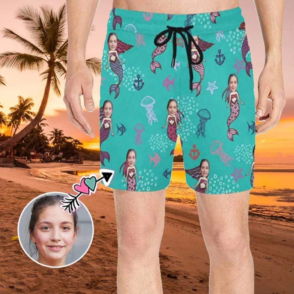 Personalized Swim Trunks Custom Face Mermaid Men's Quick Dry Swim Shorts with Girlfriend's Face