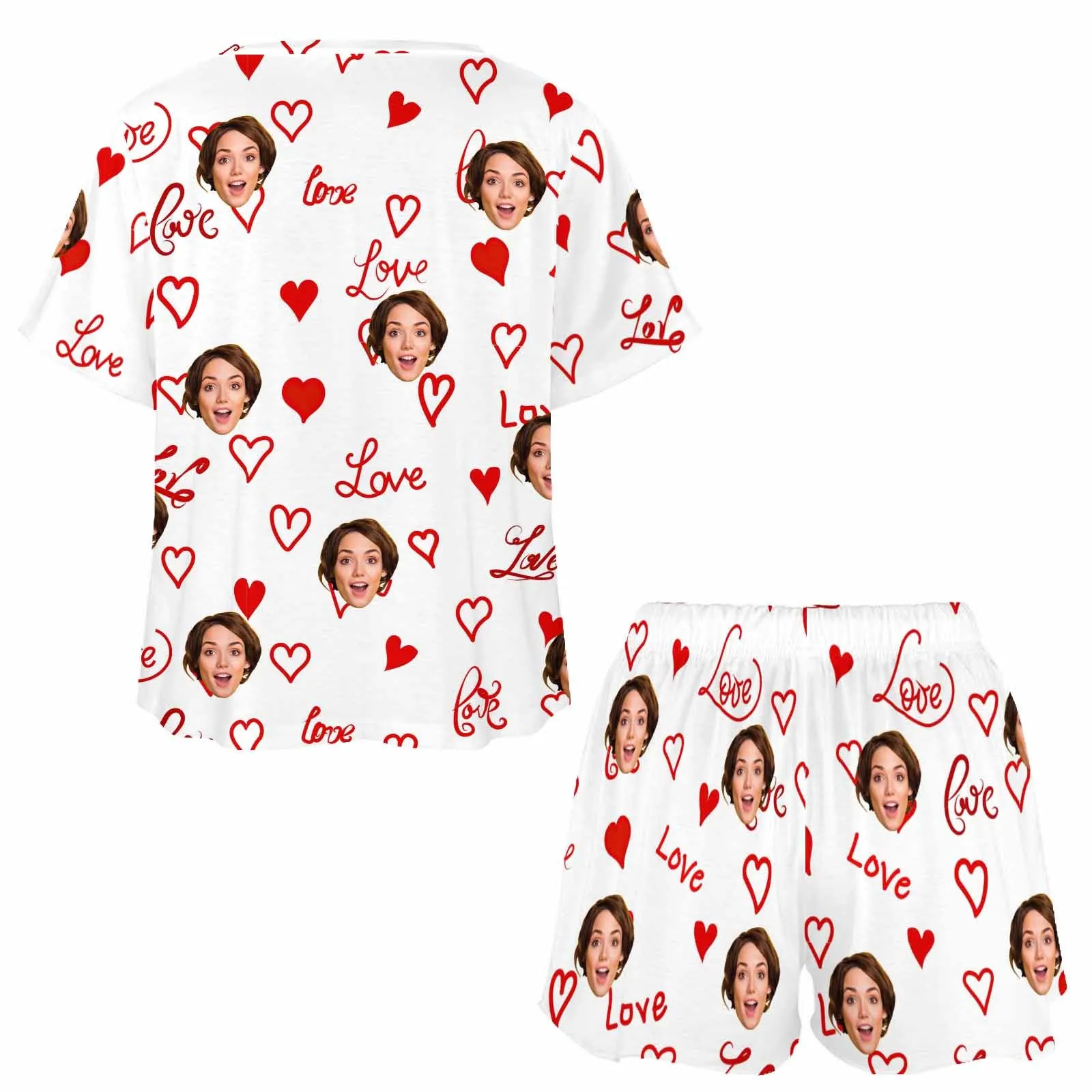 Personalized womens 2 Pieces PJ Sets with Face Custom Photo Valentine Short round neck Sleepwear for GF Wife Mom gifts