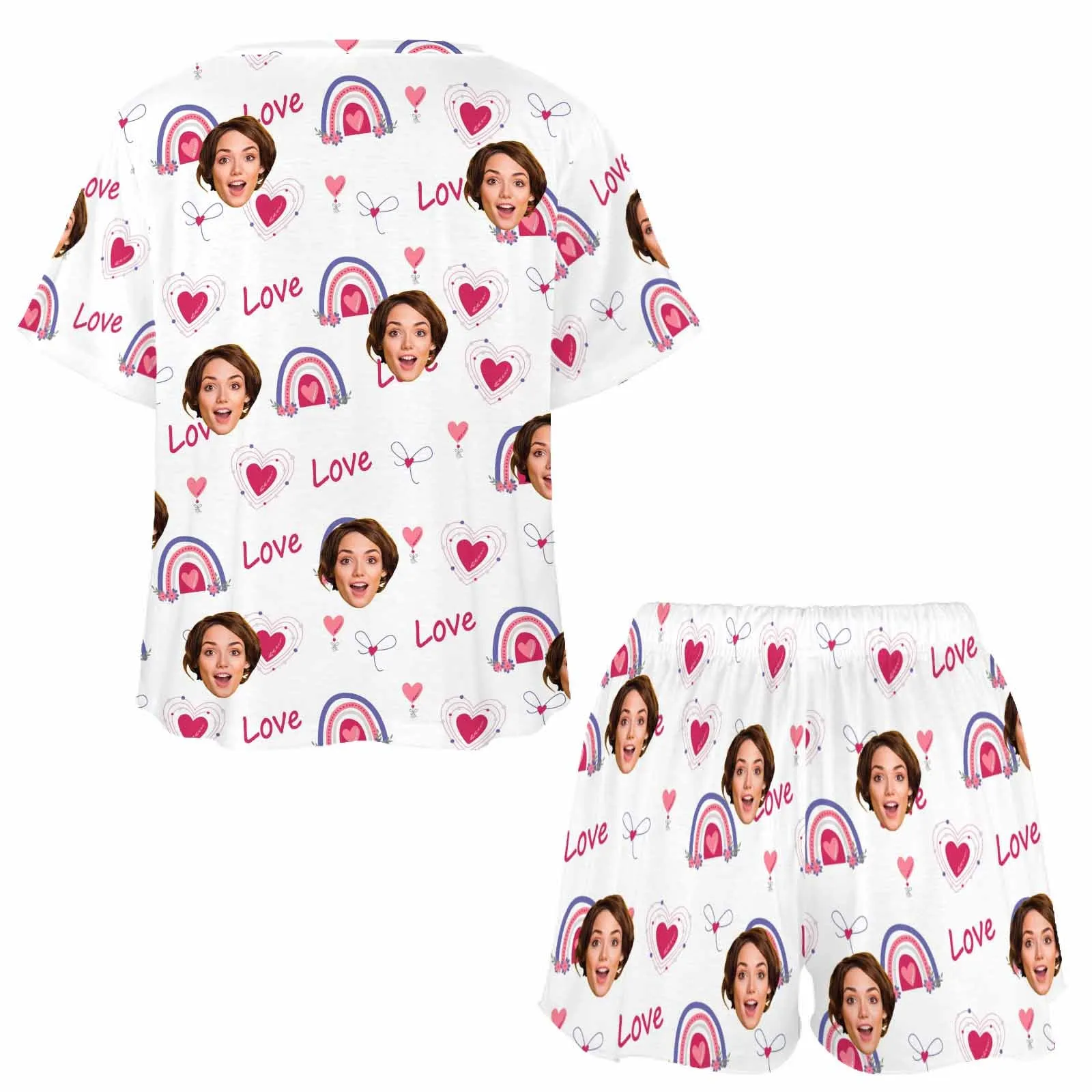 Personalized womens 2 Pieces PJ Sets with Face Custom Photo Valentine Short round neck Sleepwear for GF Wife Mom gifts
