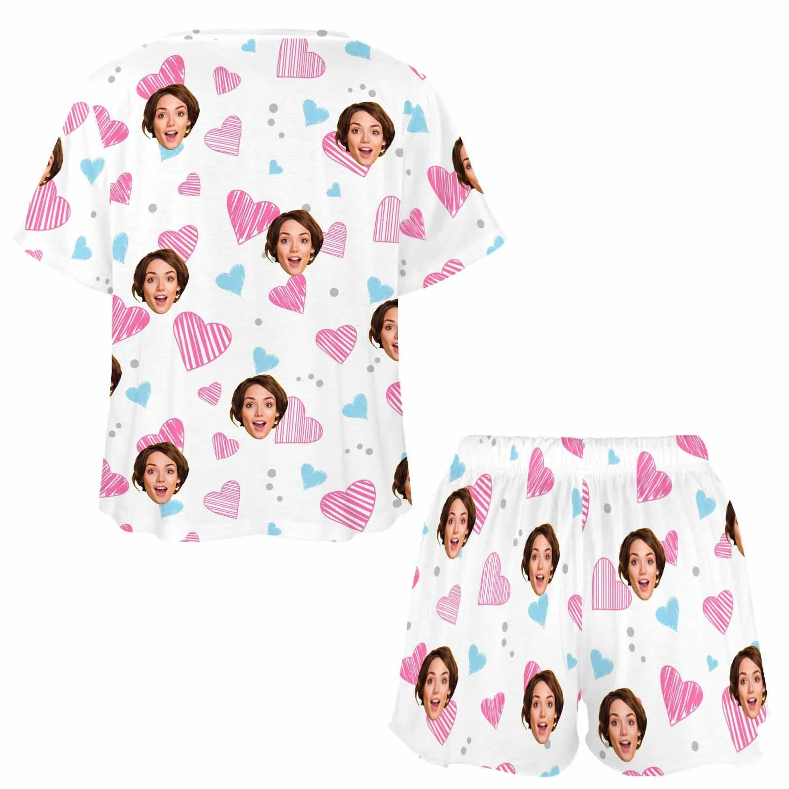Personalized womens 2 Pieces PJ Sets with Face Custom Photo Valentine Short round neck Sleepwear for GF Wife Mom gifts