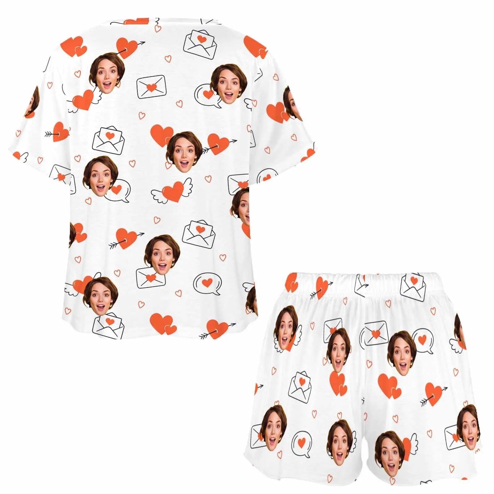 Personalized womens 2 Pieces PJ Sets with Face Custom Photo Valentine Short round neck Sleepwear for GF Wife Mom gifts