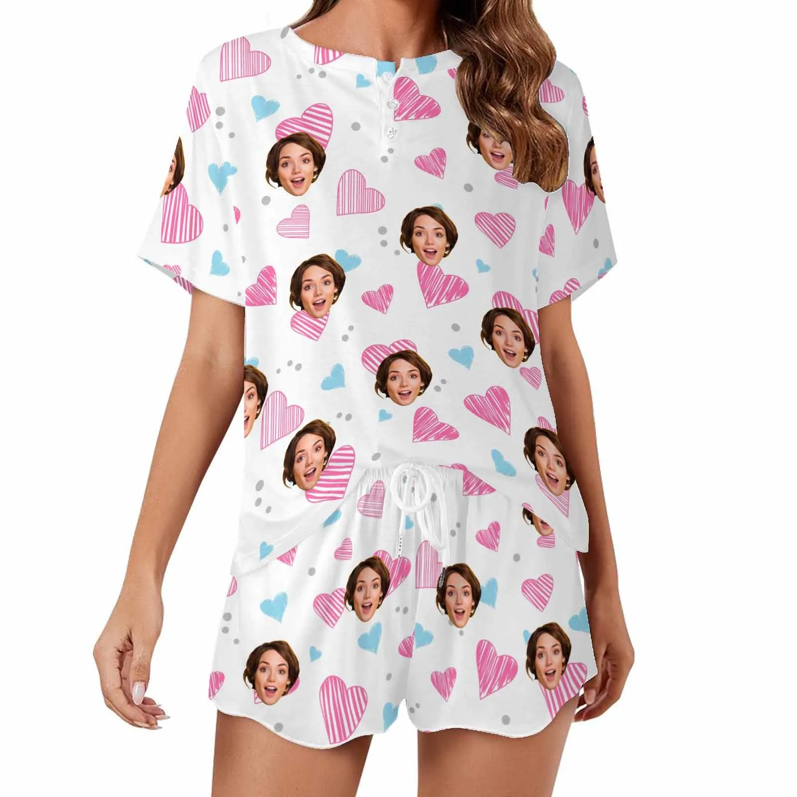 Personalized womens 2 Pieces PJ Sets with Face Custom Photo Valentine Short round neck Sleepwear for GF Wife Mom gifts