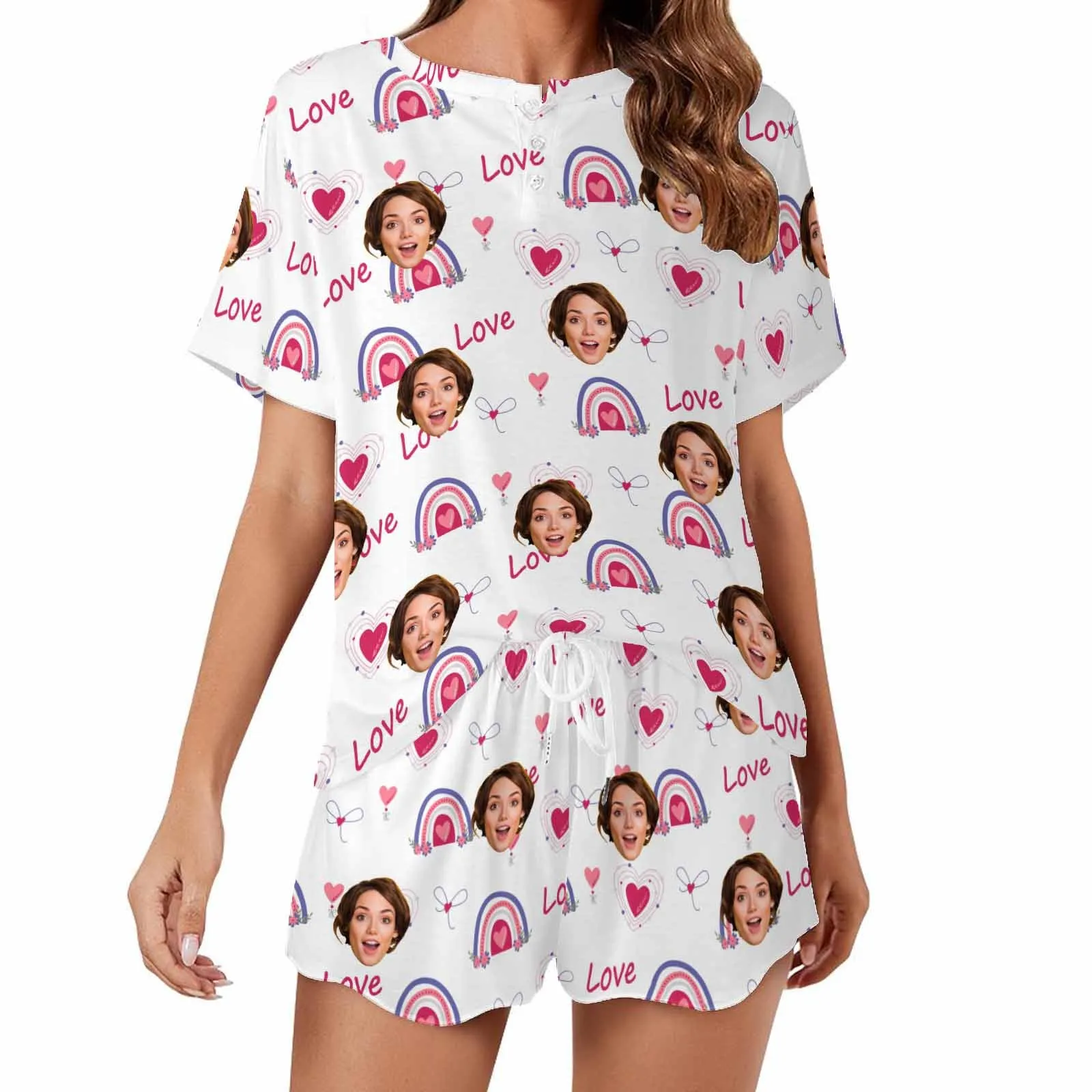 Personalized womens 2 Pieces PJ Sets with Face Custom Photo Valentine Short round neck Sleepwear for GF Wife Mom gifts