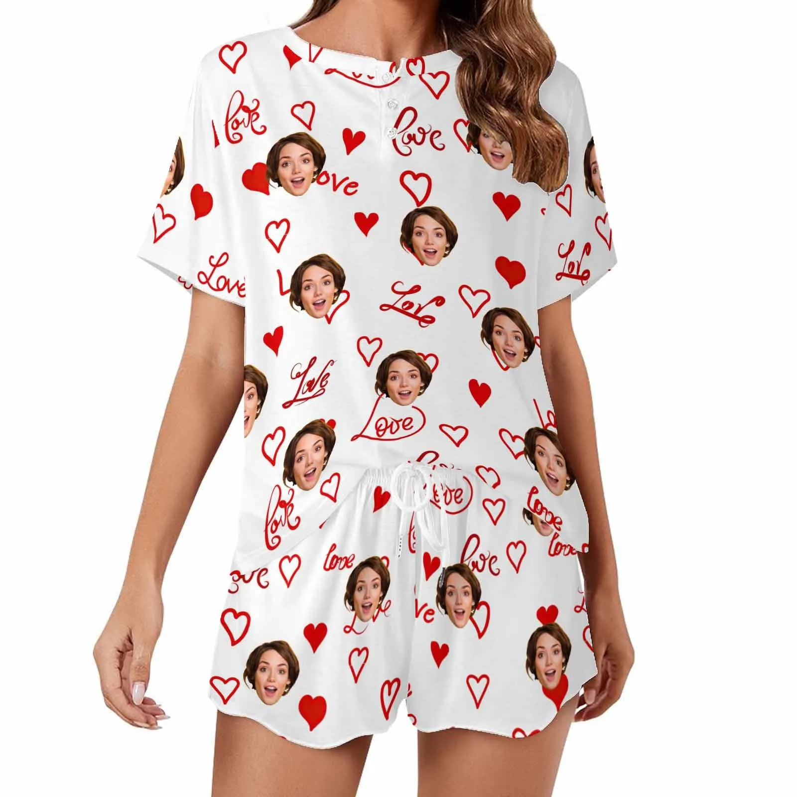 Personalized womens 2 Pieces PJ Sets with Face Custom Photo Valentine Short round neck Sleepwear for GF Wife Mom gifts