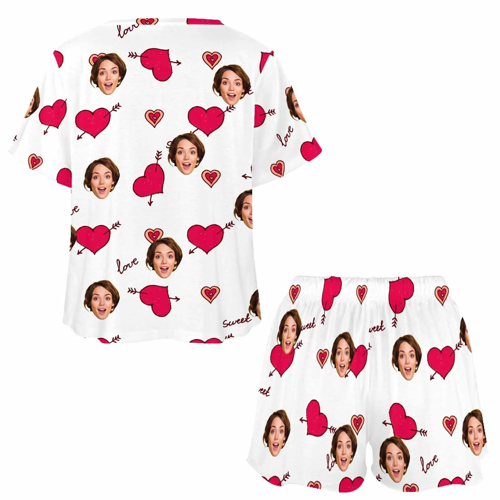 Personalized womens 2 Pieces PJ Sets with Face Custom Photo Valentine Short round neck Sleepwear for GF Wife Mom gifts