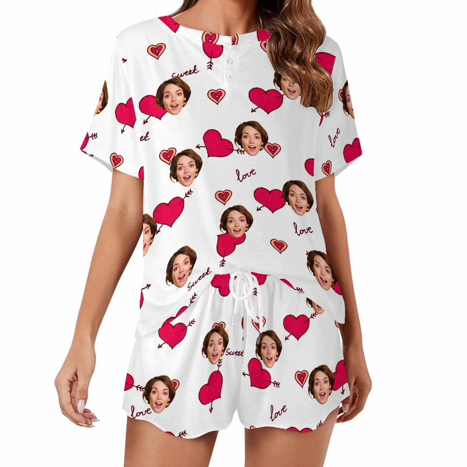 Personalized womens 2 Pieces PJ Sets with Face Custom Photo Valentine Short round neck Sleepwear for GF Wife Mom gifts
