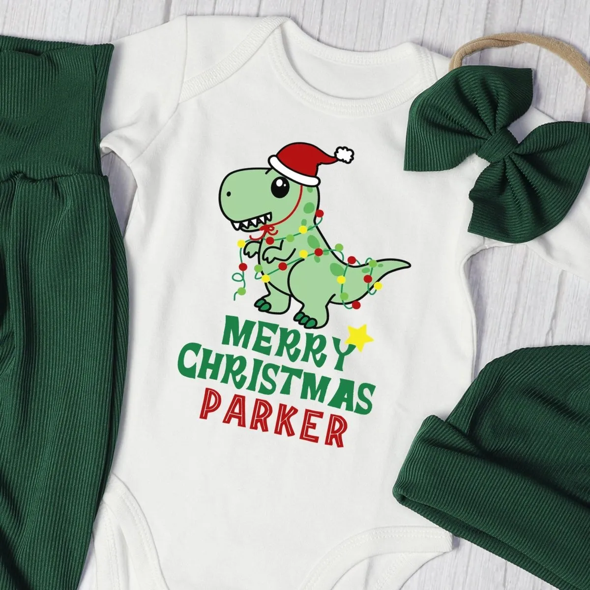Pesonalized Christmas Dinosaur Baby Onesie and Green Long Pants Set | Cute Baby Holiday Bodysuit