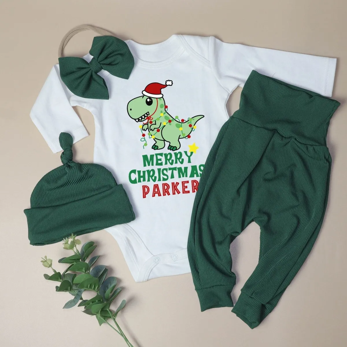 Pesonalized Christmas Dinosaur Baby Onesie and Green Long Pants Set | Cute Baby Holiday Bodysuit