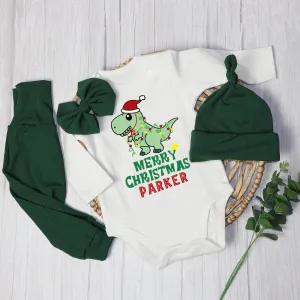 Pesonalized Christmas Dinosaur Baby Onesie and Green Long Pants Set | Cute Baby Holiday Bodysuit