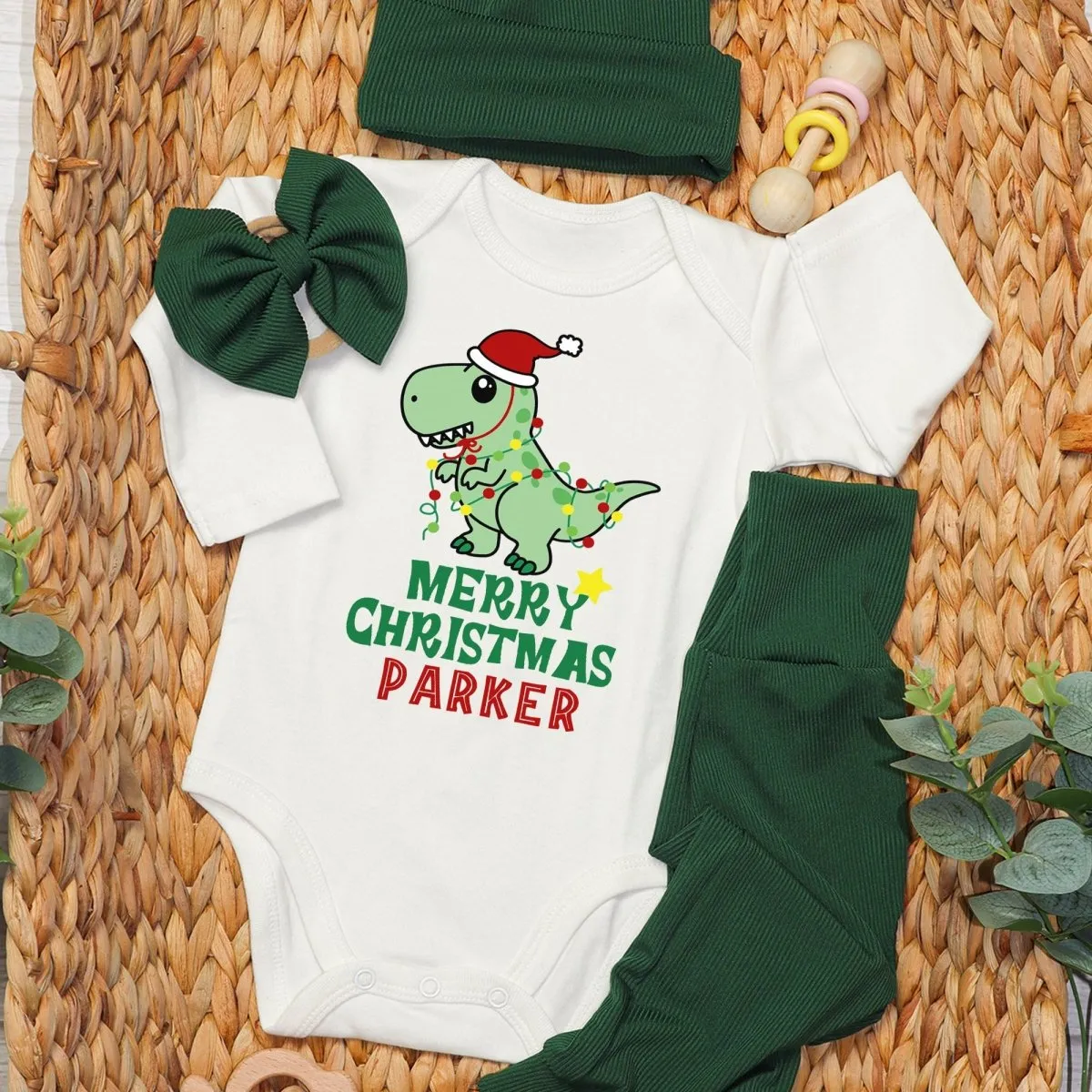 Pesonalized Christmas Dinosaur Baby Onesie and Green Long Pants Set | Cute Baby Holiday Bodysuit