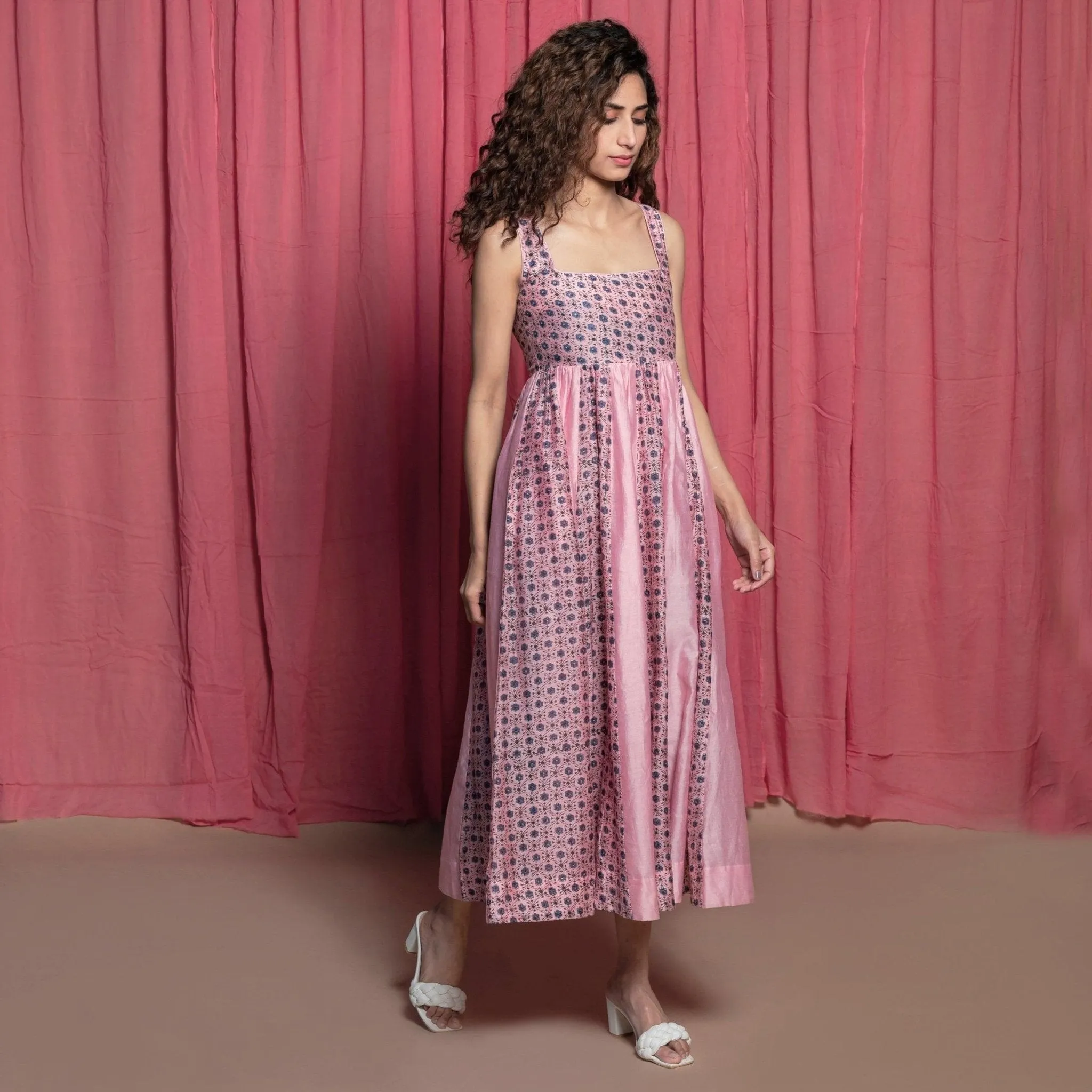 Pink Cotton Chanderi Block Print Paneled Maxi Dress