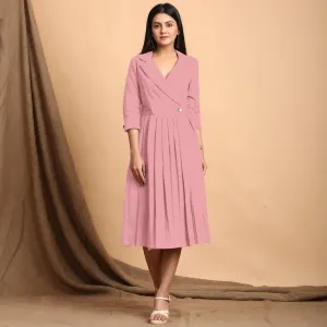 Pink Cotton Flax Notched Collar Midi Pleated Wrap Dress