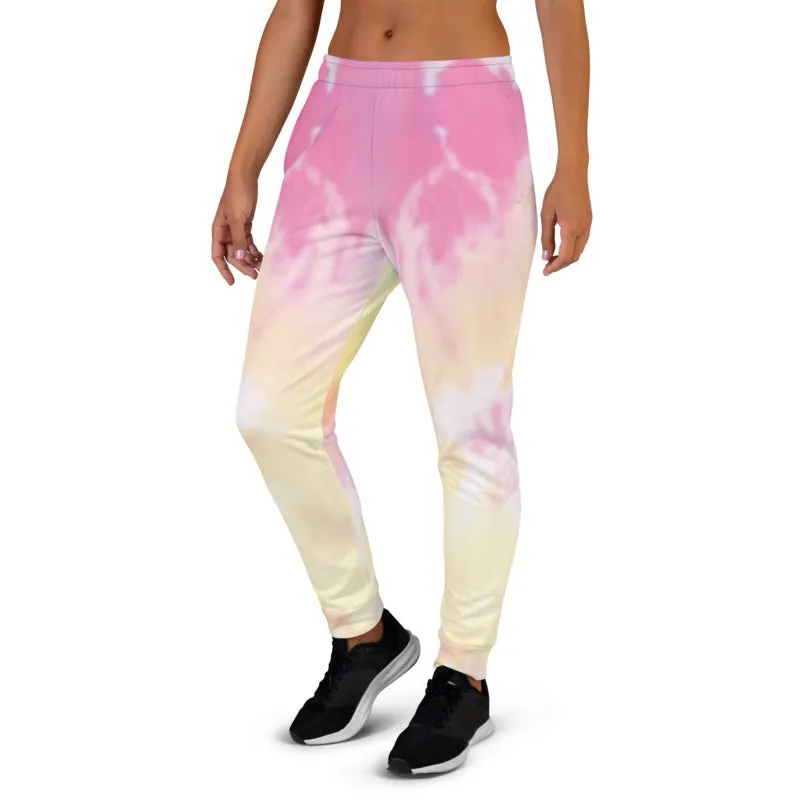 Pink Tie Dye Women's Joggers, Abstract Colorful Casual Soft Best Sweatpants-Made in EU