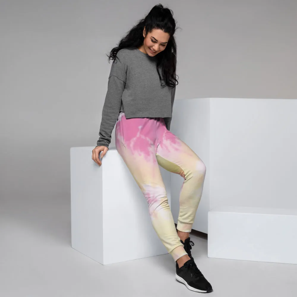 Pink Tie Dye Women's Joggers, Abstract Colorful Casual Soft Best Sweatpants-Made in EU