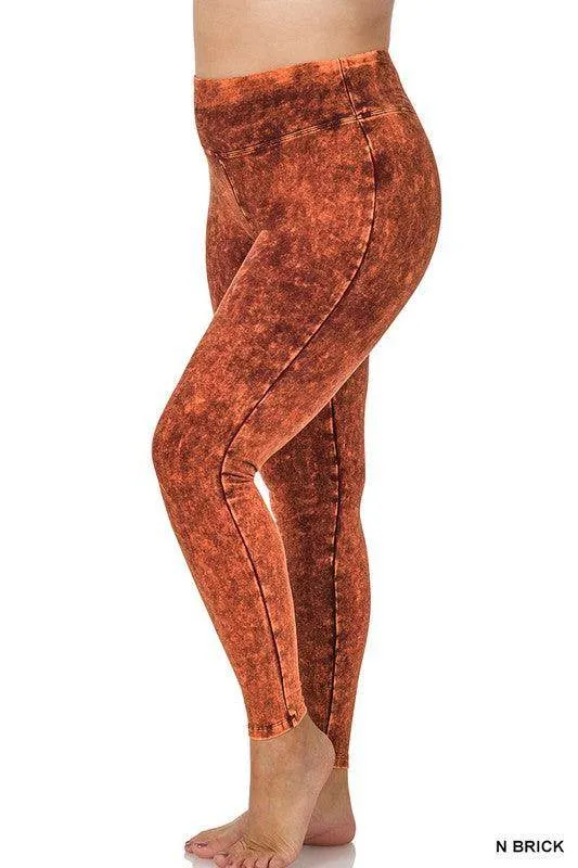 Plus Size Mineral Washed Wide Waistband Yoga Leggings