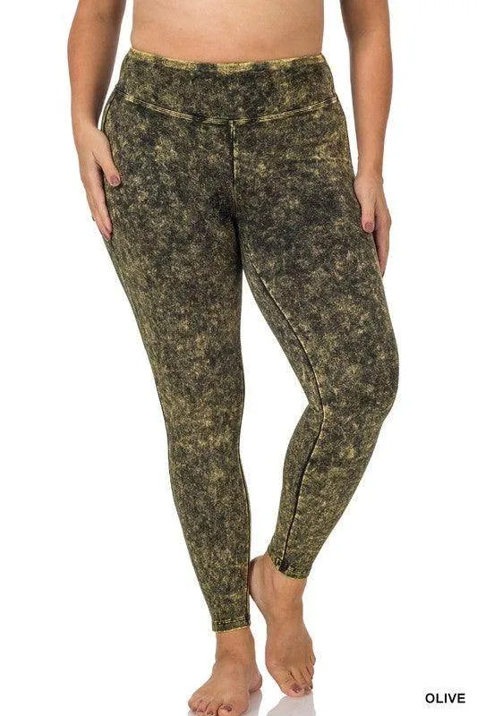 Plus Size Mineral Washed Wide Waistband Yoga Leggings
