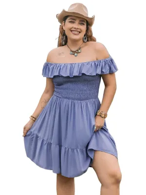 Plus Size Ruffled Smocked Off-Shoulder Mini Dress