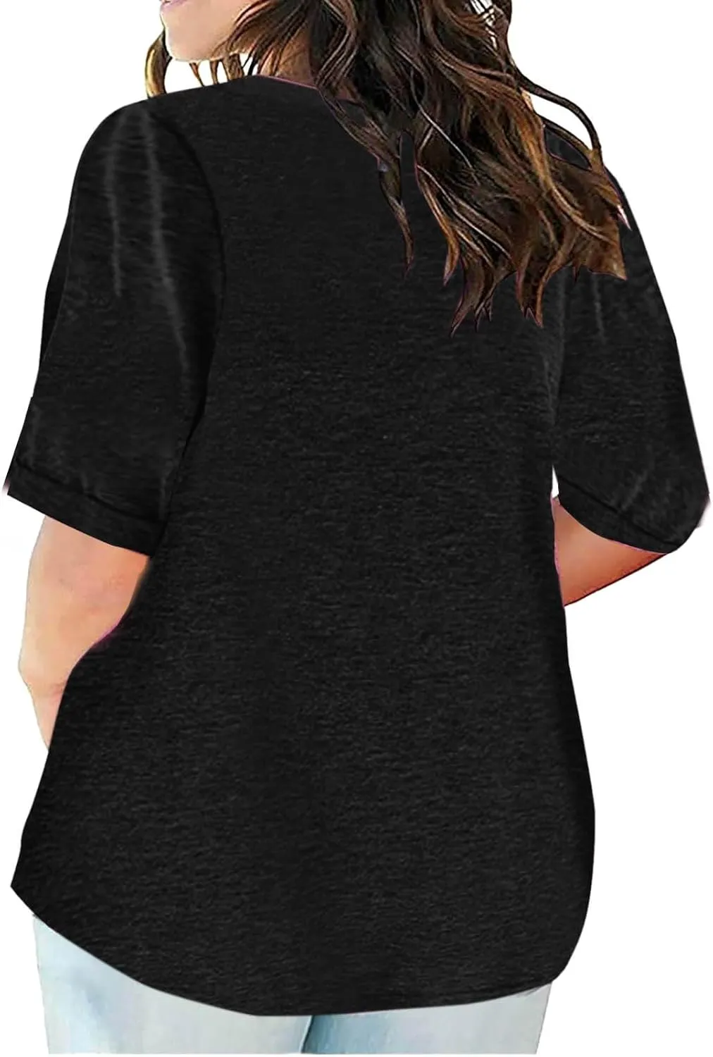 Plus Size Womens Half Sleeve Tops Notched V Neck Casual Loose Tees with Bust Pocket Oversized Solid Tunic Top 5XL