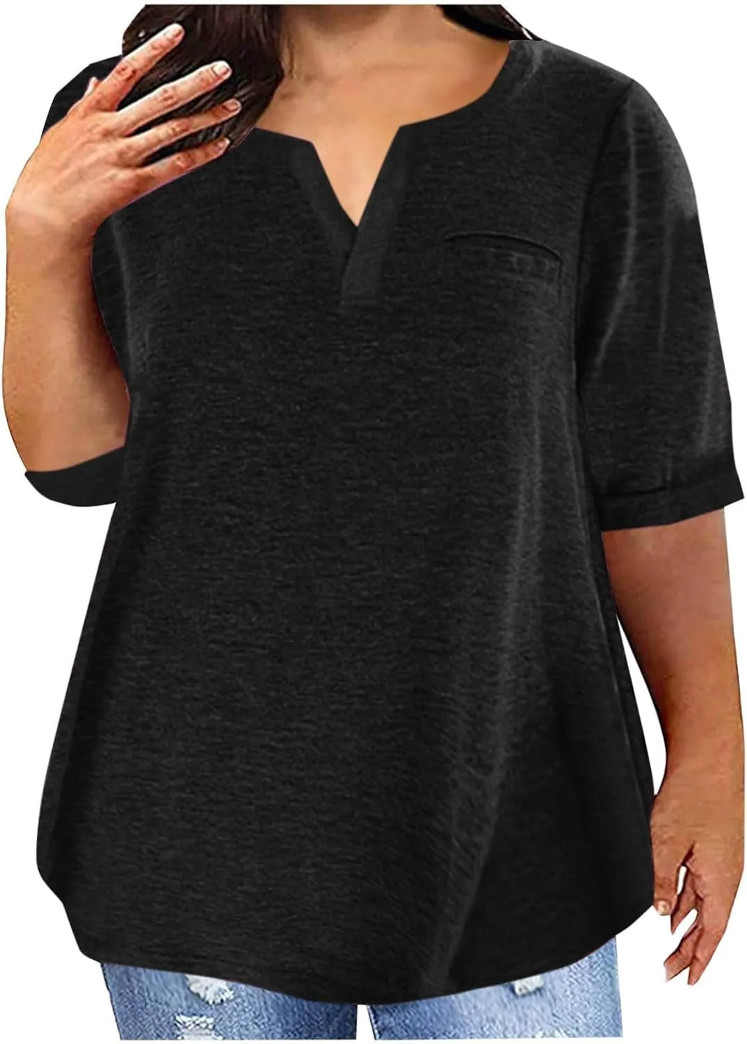 Plus Size Womens Half Sleeve Tops Notched V Neck Casual Loose Tees with Bust Pocket Oversized Solid Tunic Top 5XL