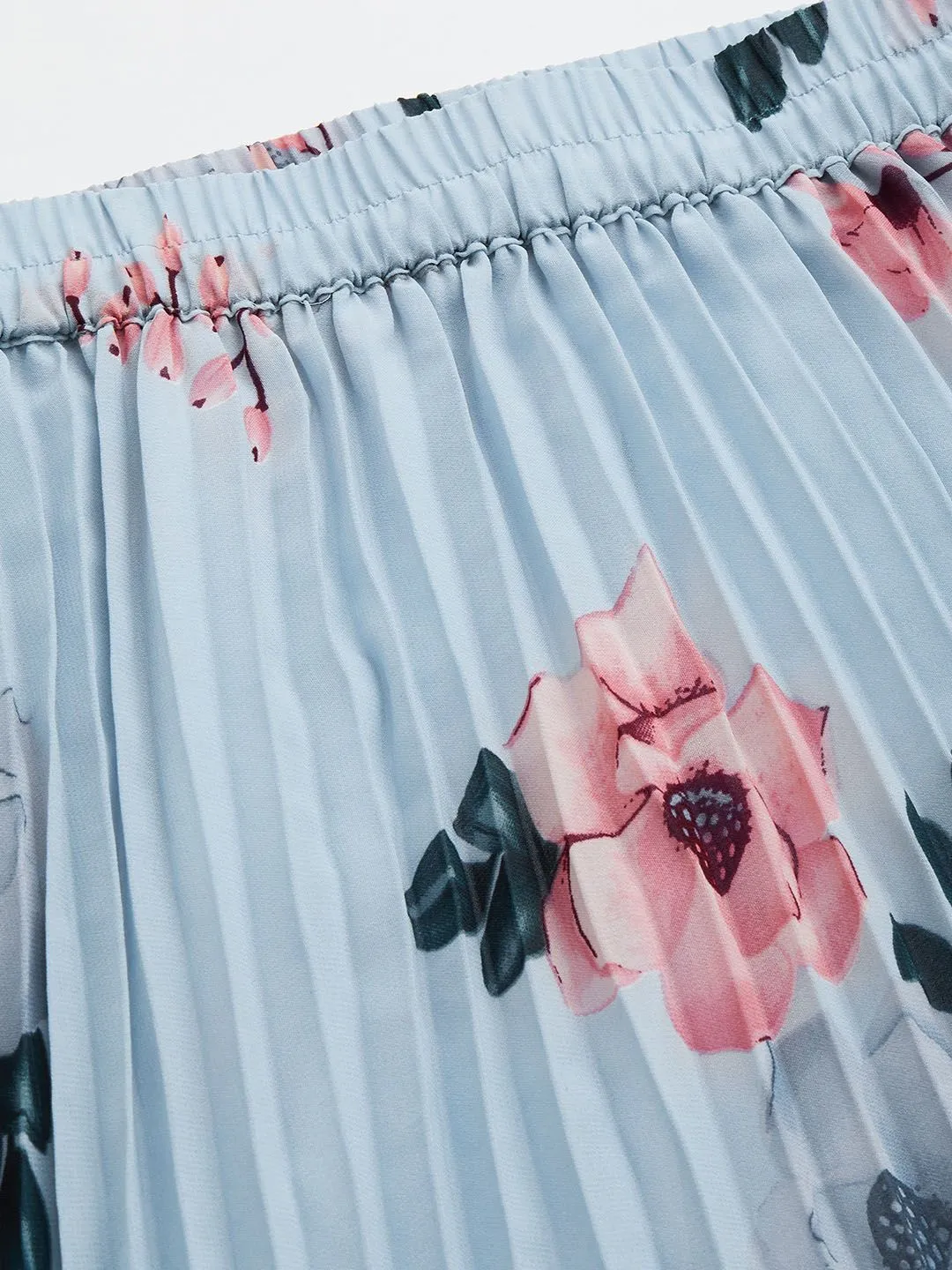 plusS  Blue  Pink Floral Printed Accordion Pleats Maxi Flared Skirt