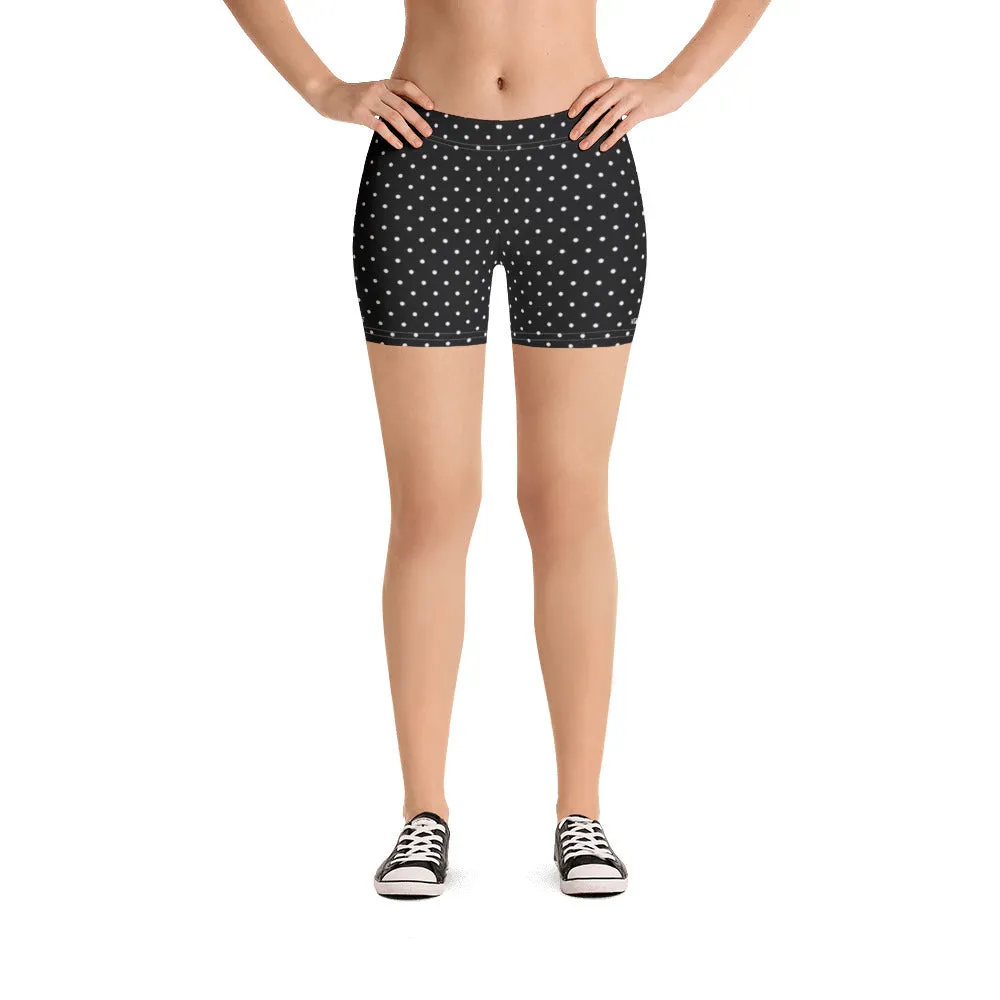 Polka Dot Black White Shorts, Premium Short Dotted Gym Tights For Women-Made in USA/EU