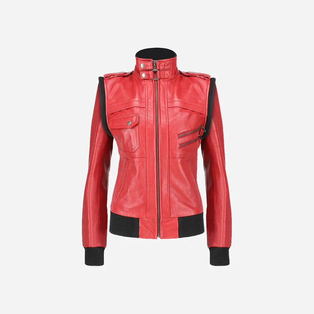 Premium Women's Hooded Red Leather Jacket By TJS