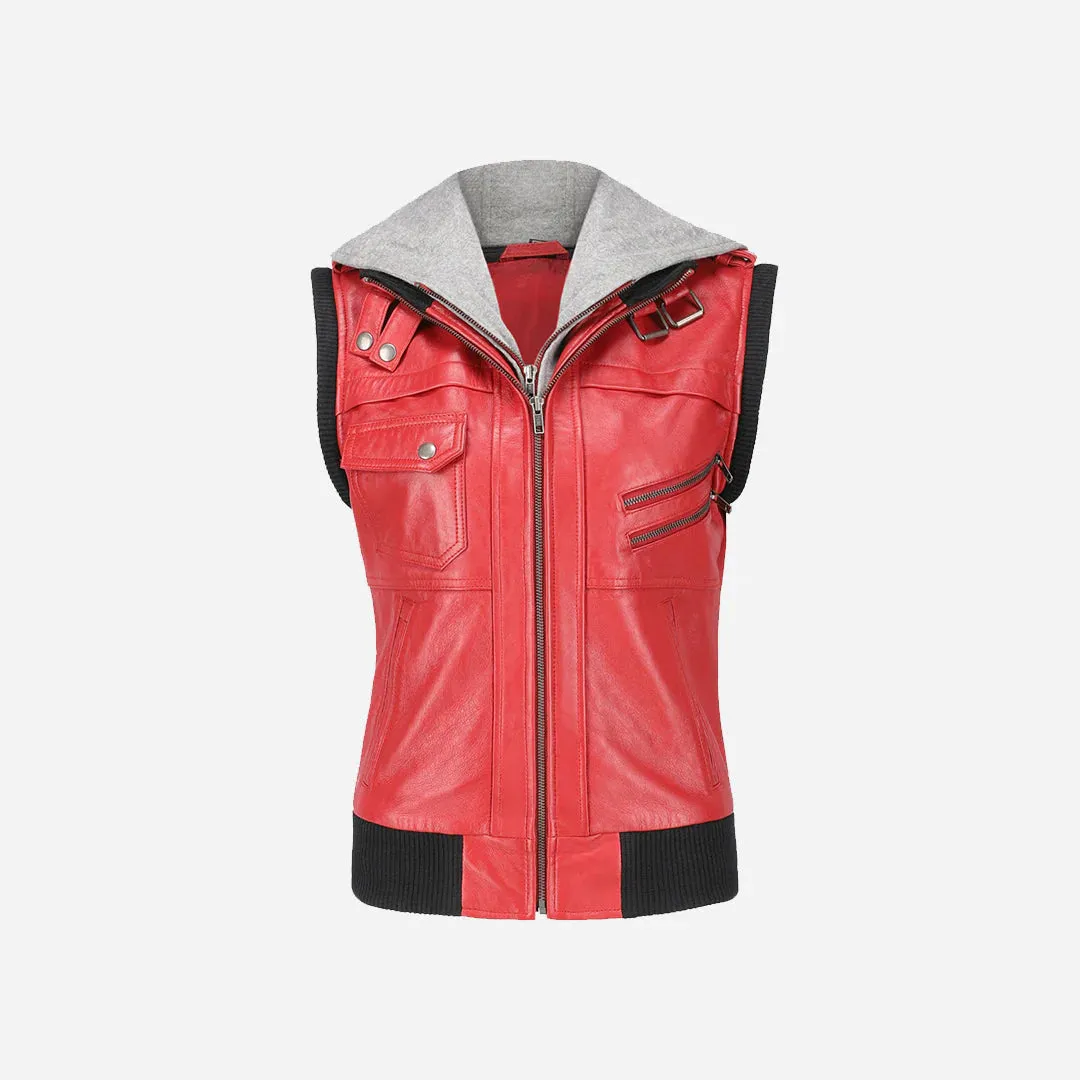 Premium Women's Hooded Red Leather Jacket By TJS