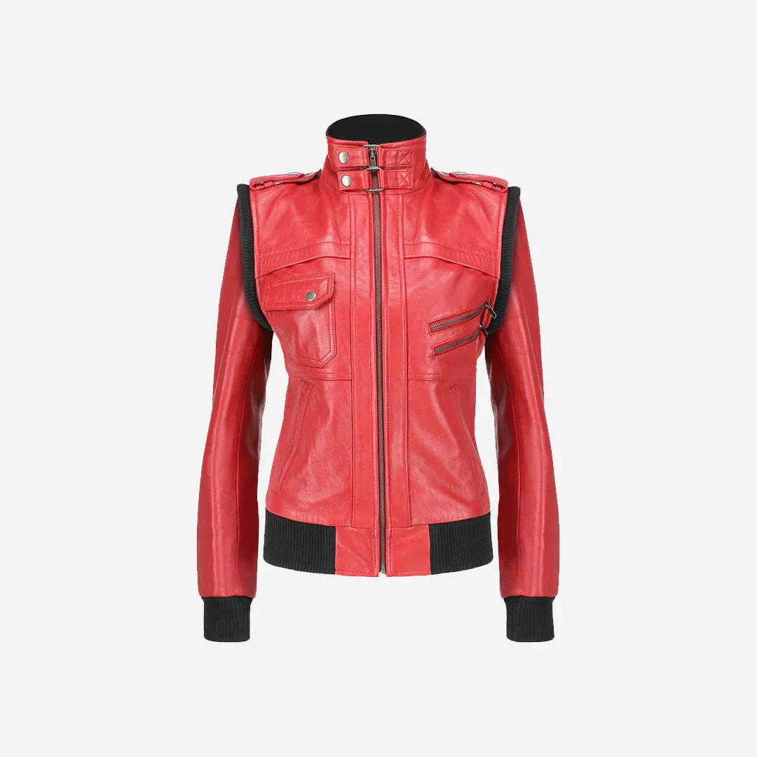Premium Women's Hooded Red Leather Jacket By TJS