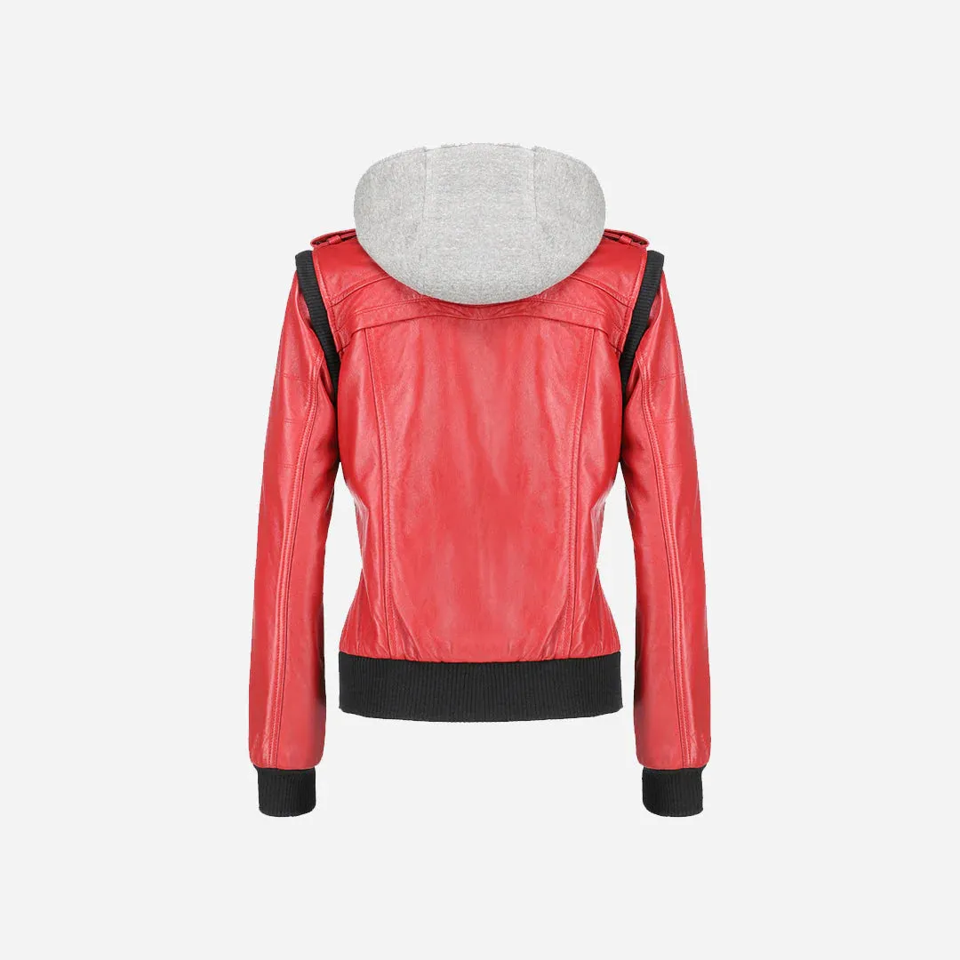 Premium Women's Hooded Red Leather Jacket By TJS