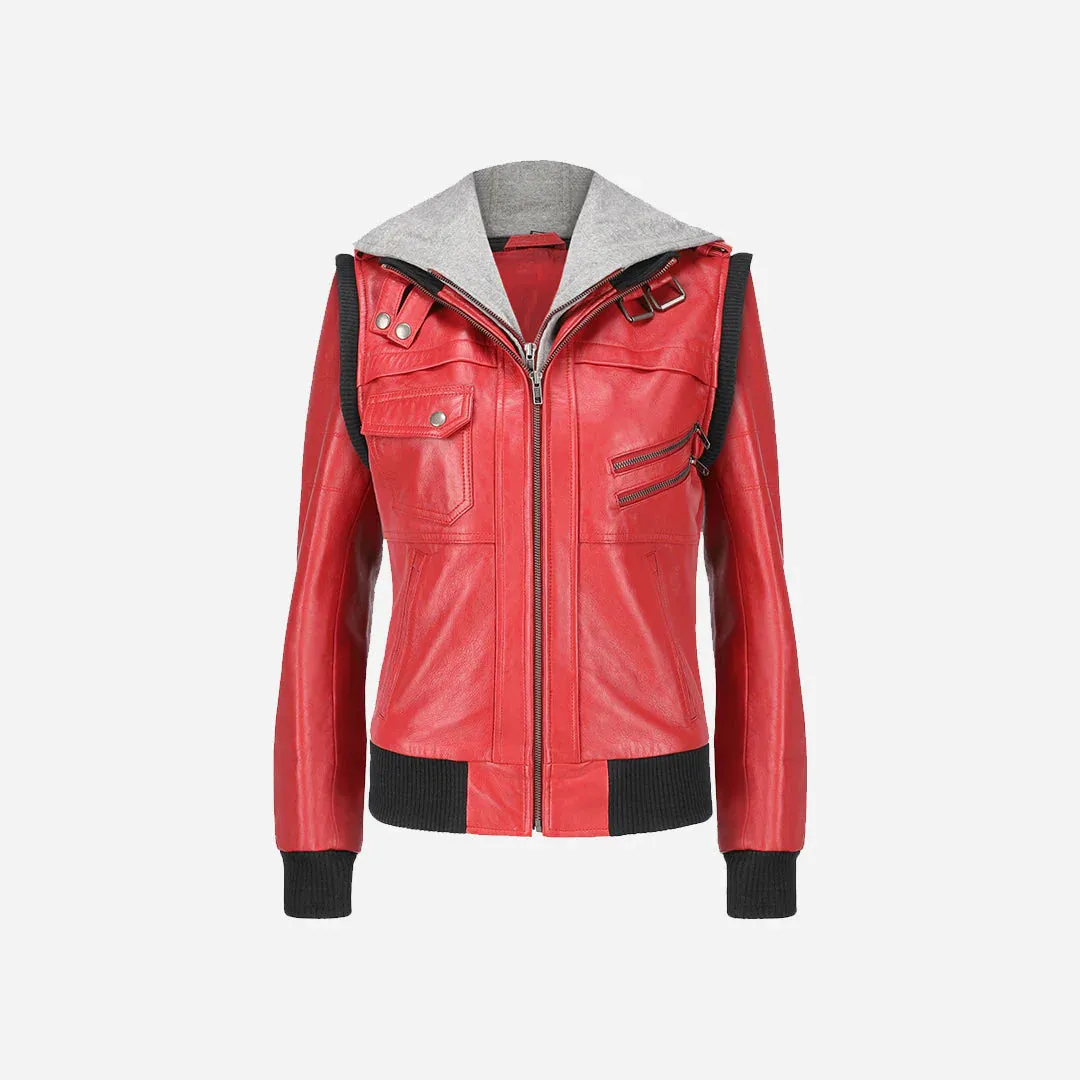 Premium Women's Hooded Red Leather Jacket By TJS
