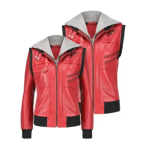 Premium Women's Hooded Red Leather Jacket By TJS