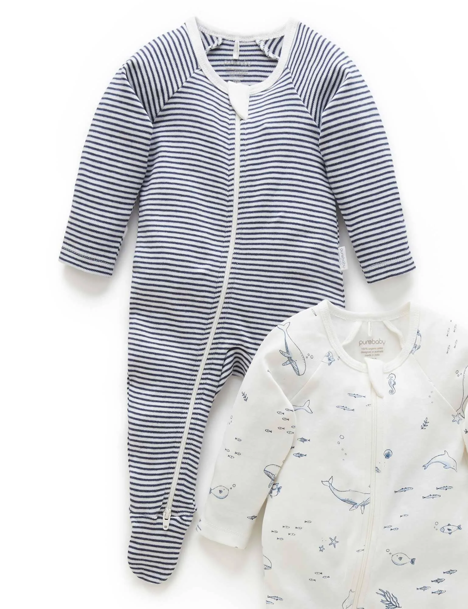 Purebaby - 2 Pack Zip Growsuit | Vanilla Nautical