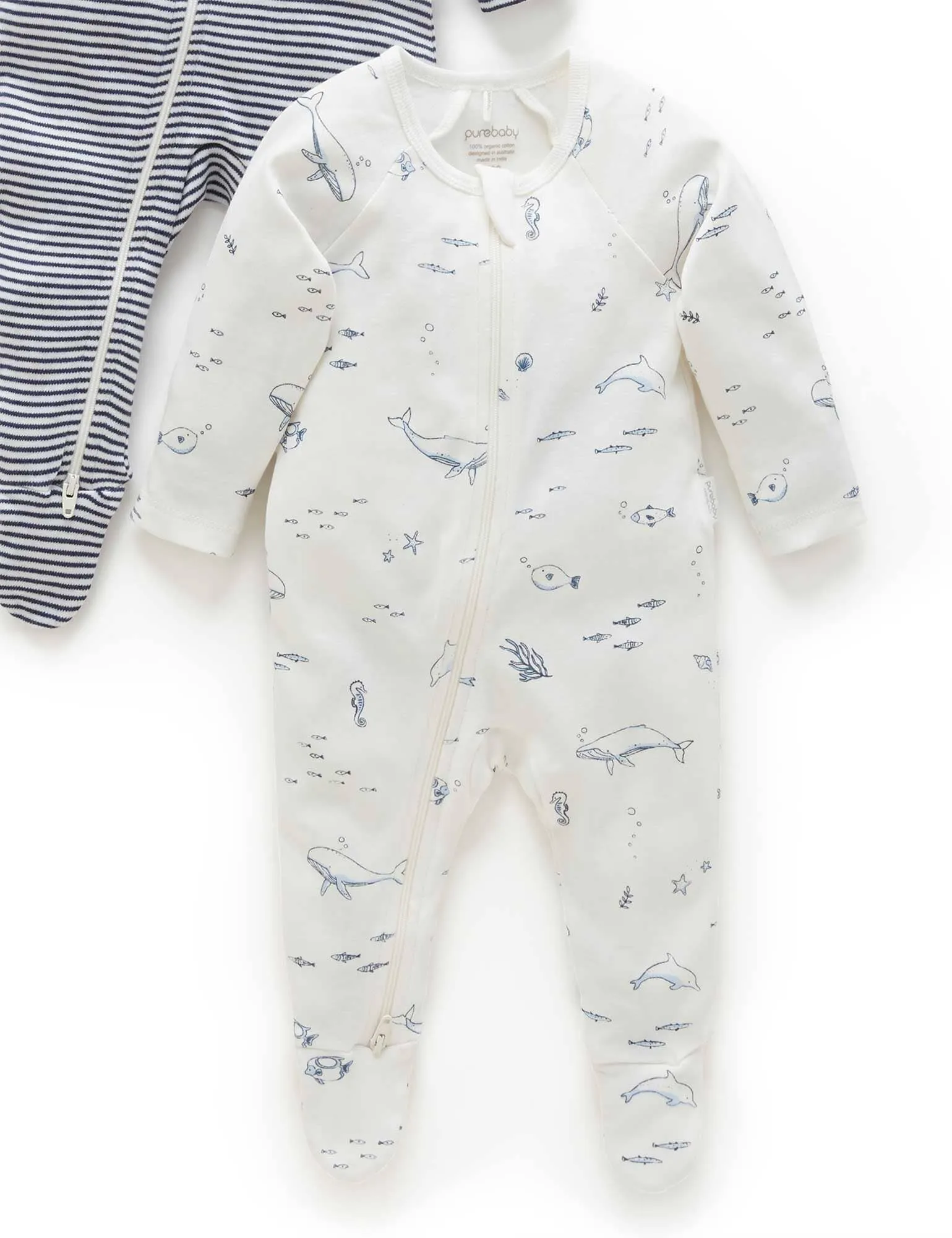 Purebaby - 2 Pack Zip Growsuit | Vanilla Nautical