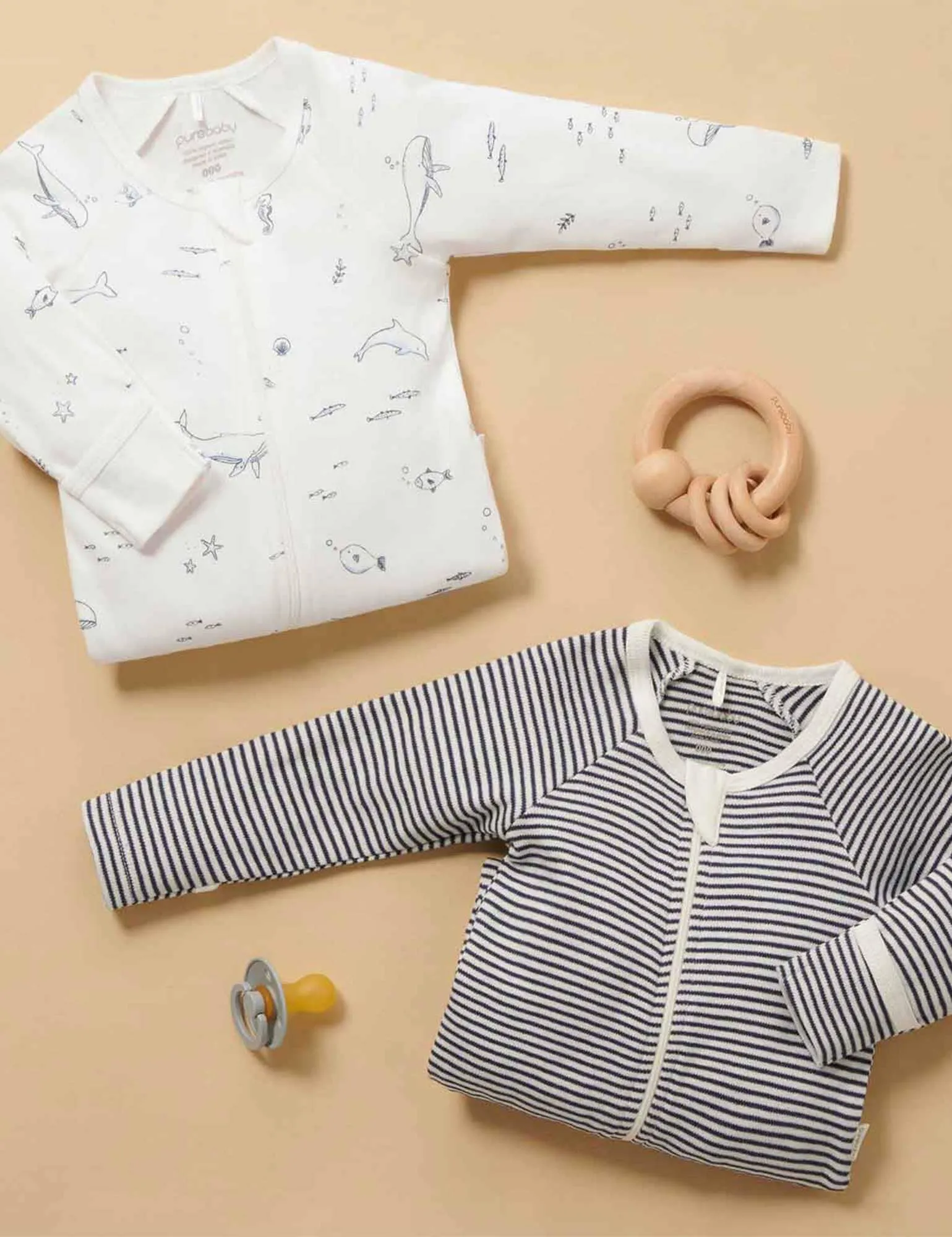 Purebaby - 2 Pack Zip Growsuit | Vanilla Nautical