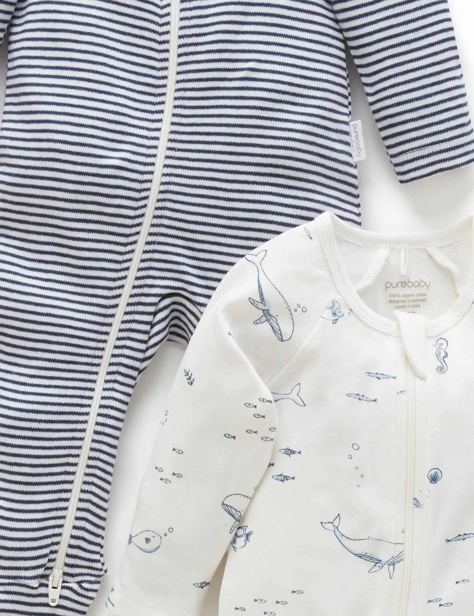Purebaby - 2 Pack Zip Growsuit | Vanilla Nautical
