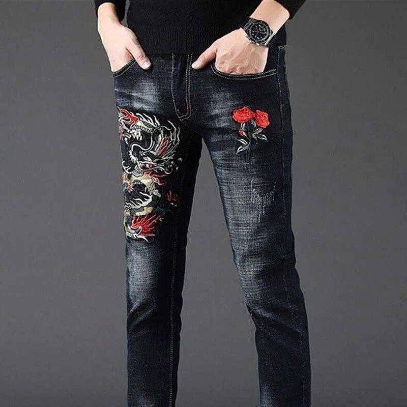 RACC Men's Flower Embroidery Slim Fit Jeans