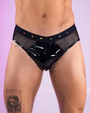 Rainbow Love Pride Men's Fishnet and Vinyl Briefs w Stud Details