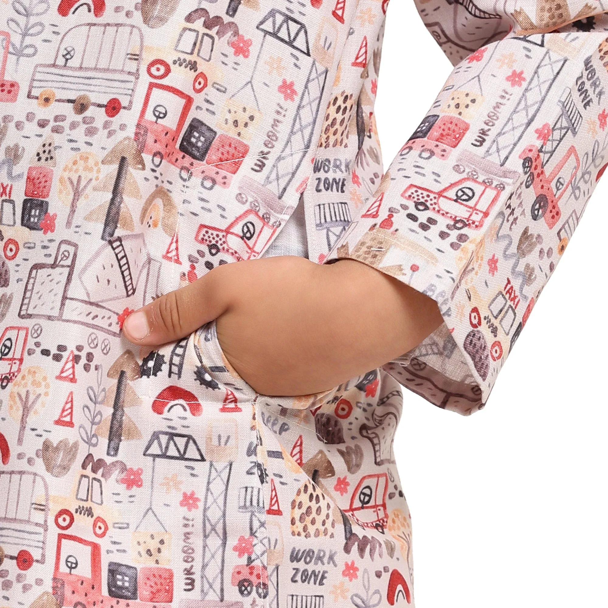 Red Car Print Vestiario's Blend Linen Kurta Pajama Set