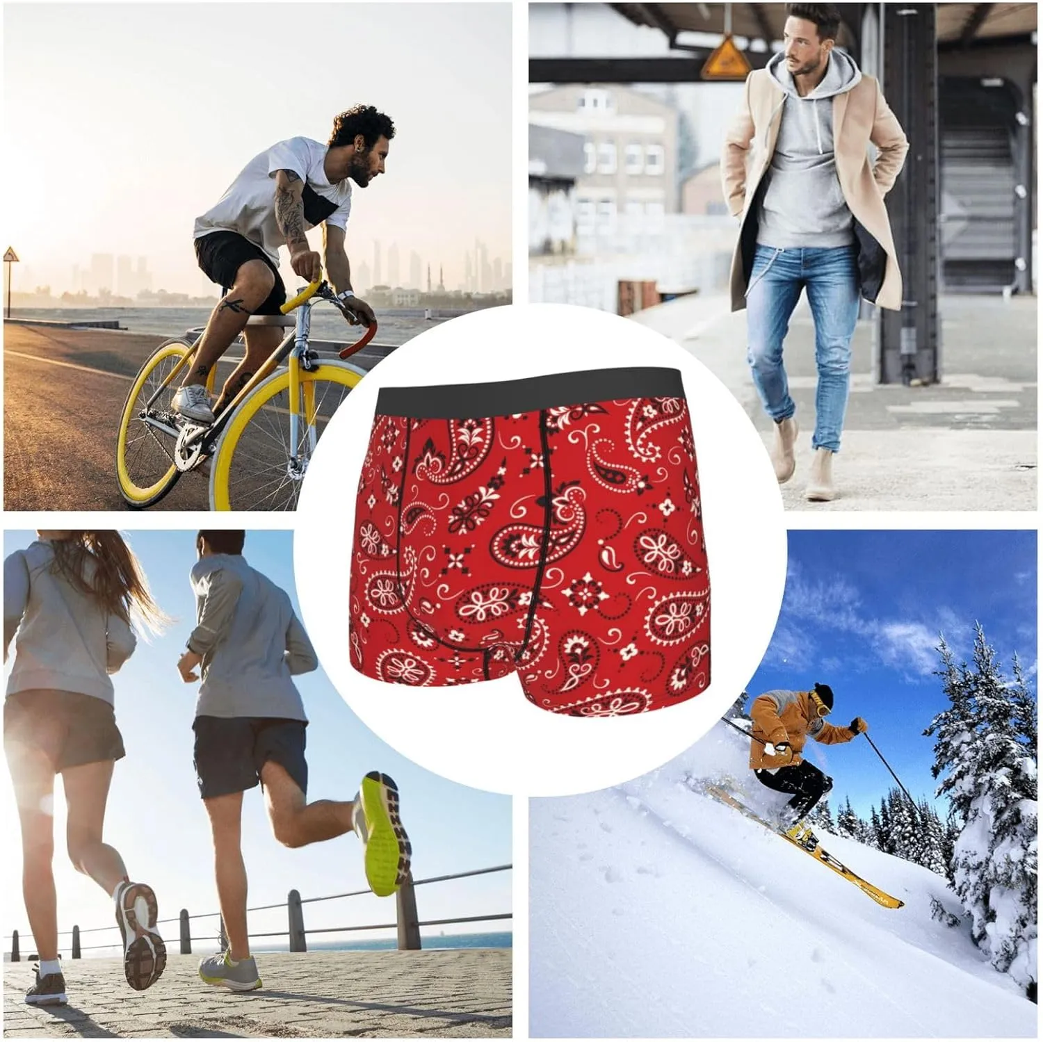 Red Paisley Floral Print Boxer Briefs For Men Breathable Underwear-