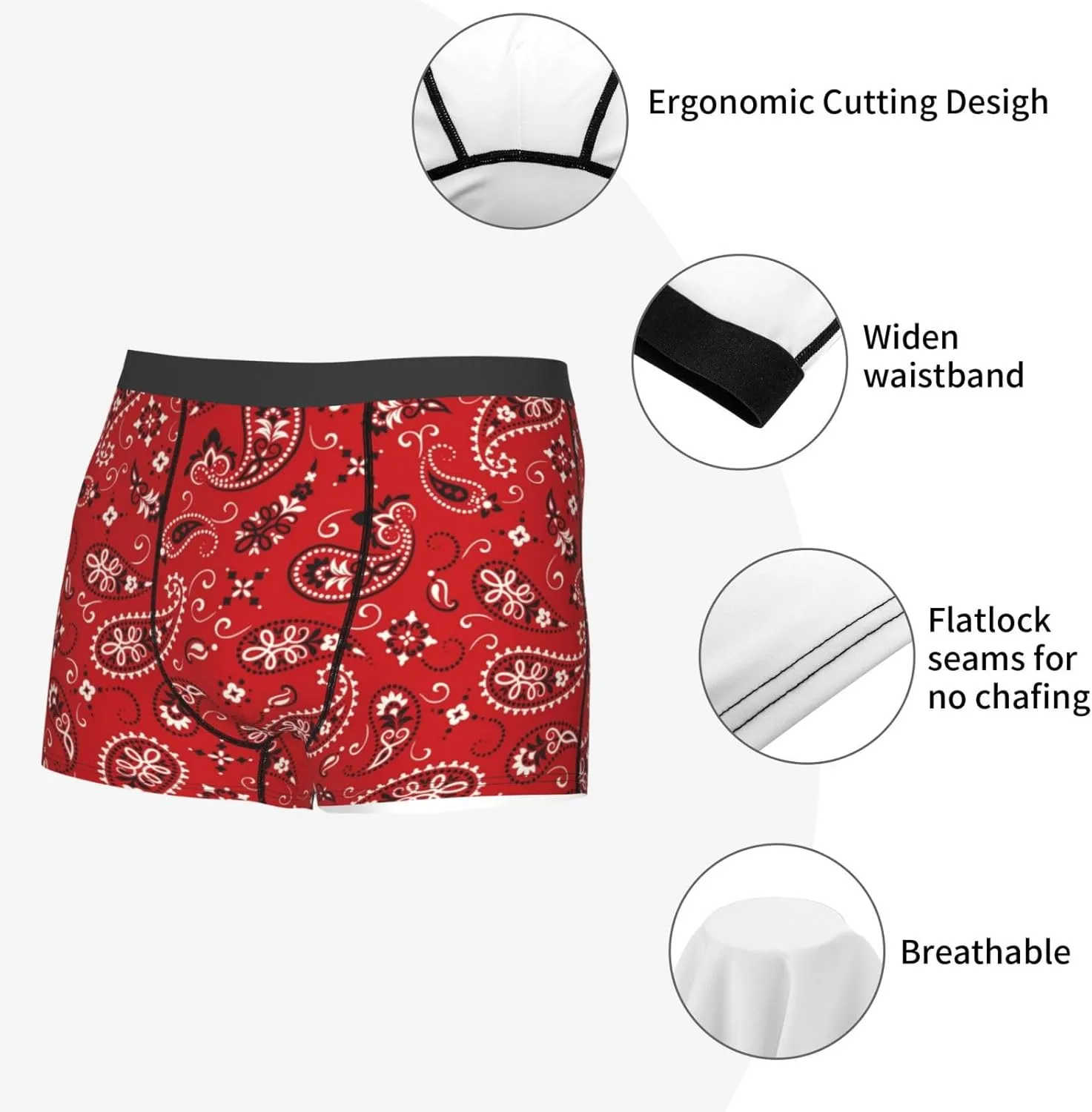 Red Paisley Floral Print Boxer Briefs For Men Breathable Underwear-